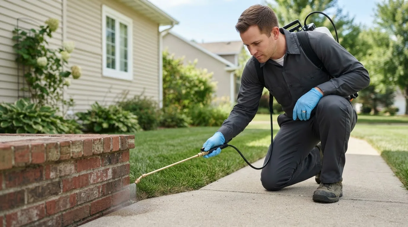 Pest control technician treating a home near Grant City, MO