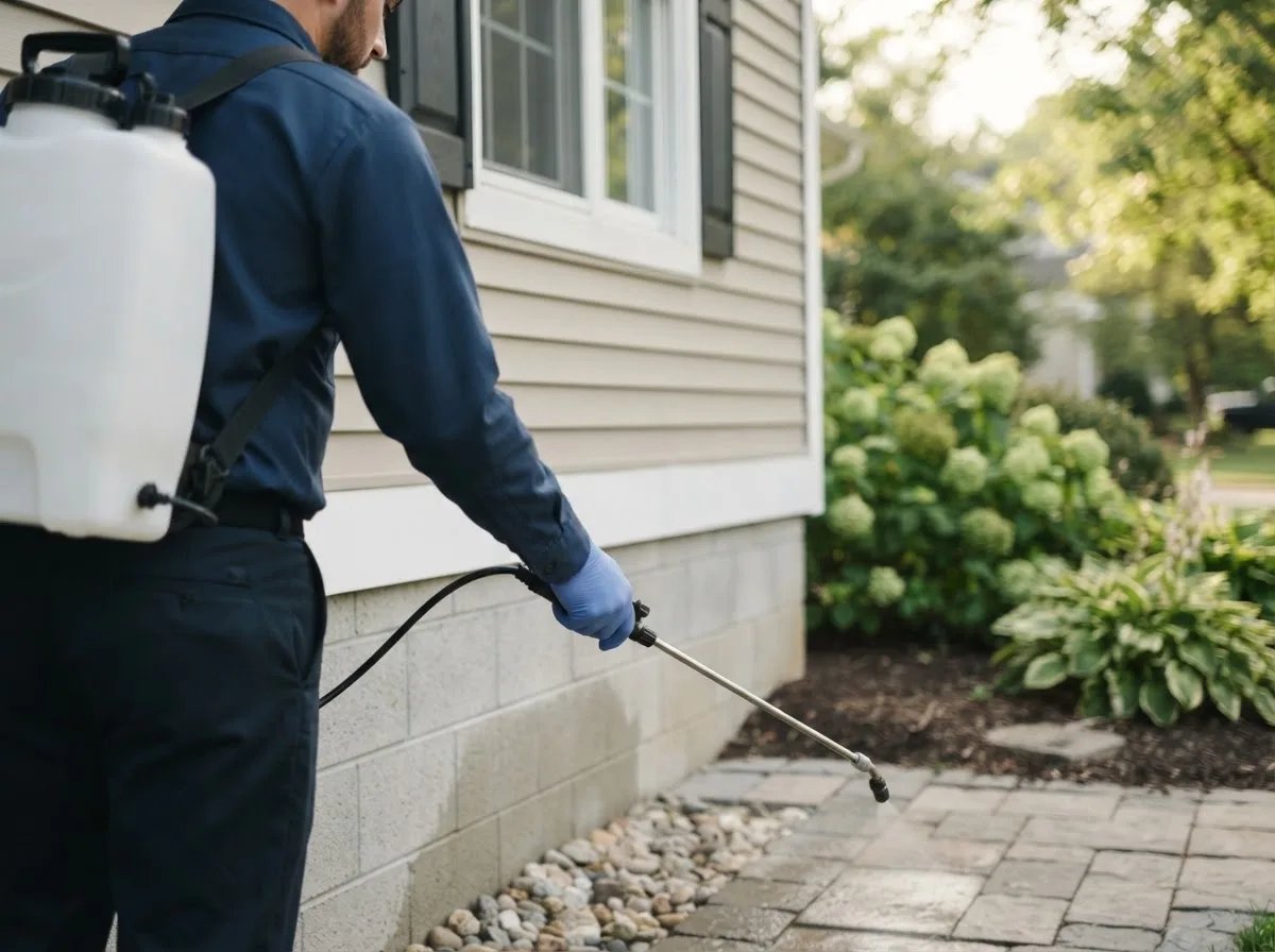 Pest control technician inspecting a home in Grant City, MO